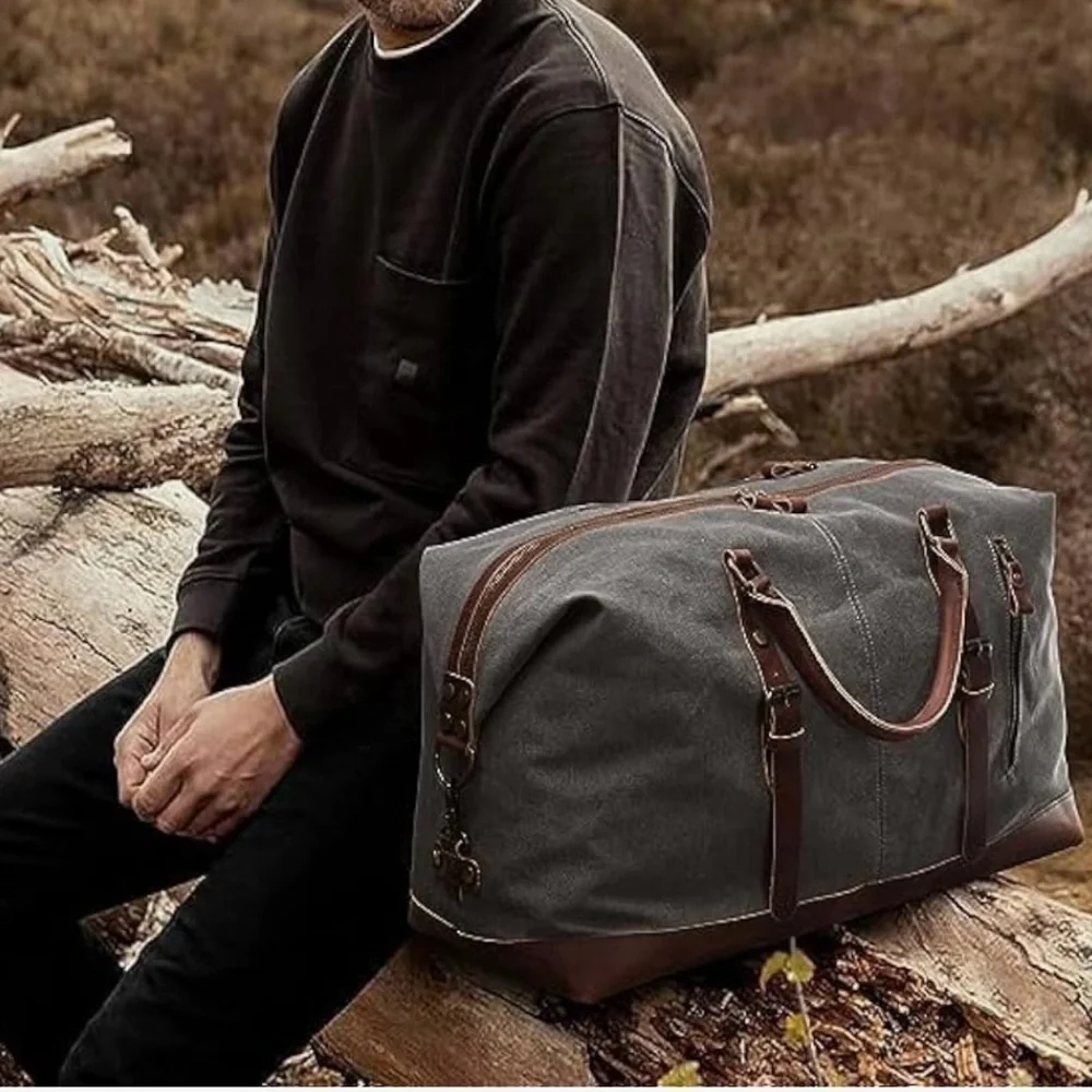 🔥SALE BLUBOON Canvas Overnight Bag Travel Duffel UNISEX Weekender Dk Grey